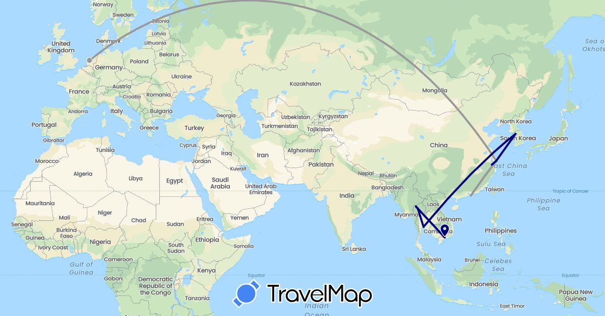 TravelMap itinerary: driving, bus, plane in China, South Korea, Netherlands, Thailand, Vietnam (Asia, Europe)